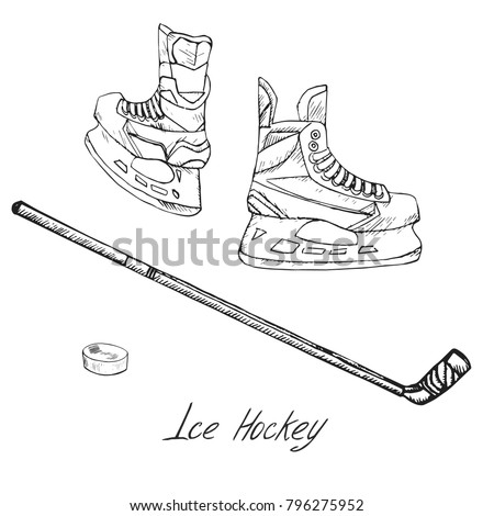 Ice hockey skates, stick and puck, hand drawn doodle sketch with inscription, isolated vector outline illustration 
