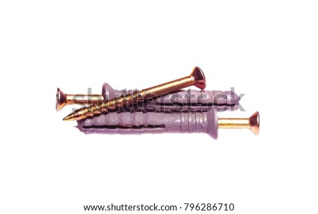  screw, dowel nail, fasteners for mounting, white background