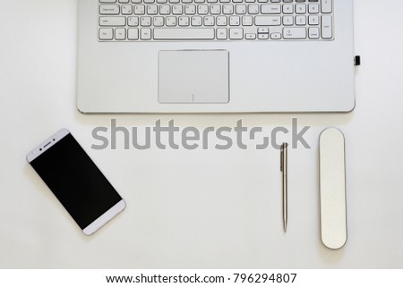 Blank office desk background with copy space for your text. Top view. Business and office supplies with modern digital tablet. White background