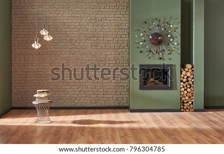 brown brick wall and green wall living room decoration fireplace and home ornaments interior style Royalty-Free Stock Photo #796304785