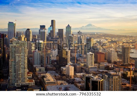 Breathtaking view of Seattle Washington on a sunny day in the Pacific Northwest.