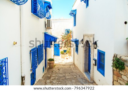 White-blue city of Sidi Bou Said, Tunisia. Eastern fairy tale with a French charm. Royalty-Free Stock Photo #796347922