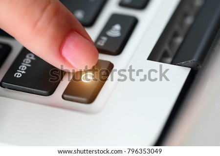 human hand press shutdown button on computer keyboard Royalty-Free Stock Photo #796353049