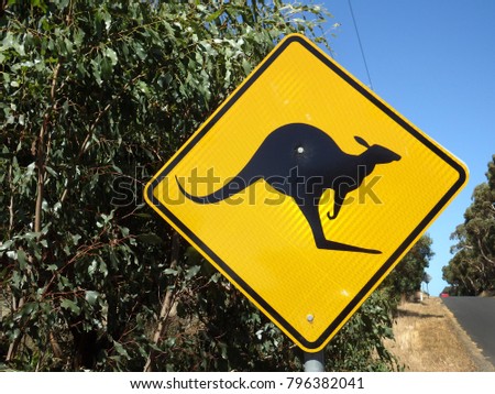 Kangaroo crossing traffic sign, outback australia scene in the bush