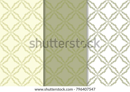 Olive green and white floral backgrounds. Set of seamless patterns for textile and wallpapers