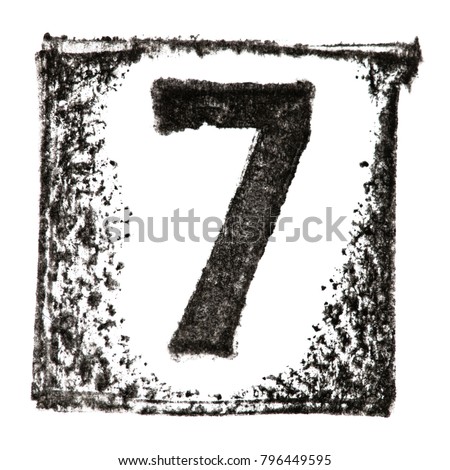 Watermark digit 'SEVEN' black printed ink stamp isolated on white background. Number 7