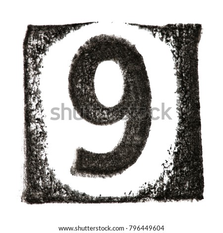 Watermark digit 'NINE' black printed ink stamp isolated on white background. Number 9