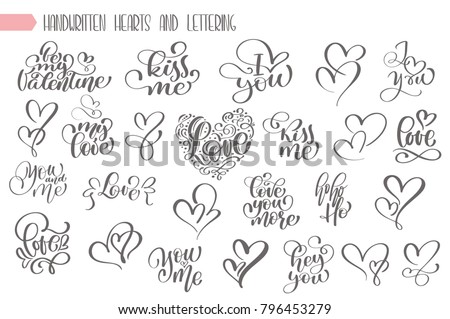 Big set hand written lettering about love to valentines day and heart design poster, greeting card, photo album, banner, flourish calligraphy vector illustration collection