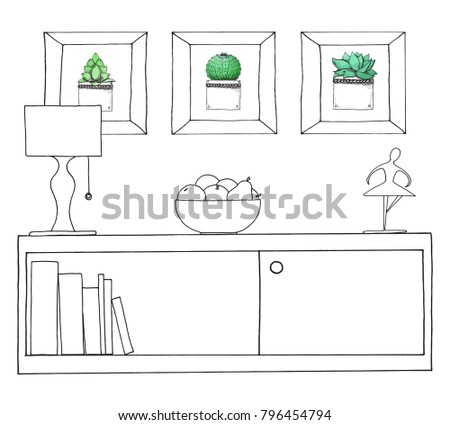 Sketch of the interior. A table, a bedside table, a shelf with various interior items. Can be used as a mock up. Frame for your graphics.