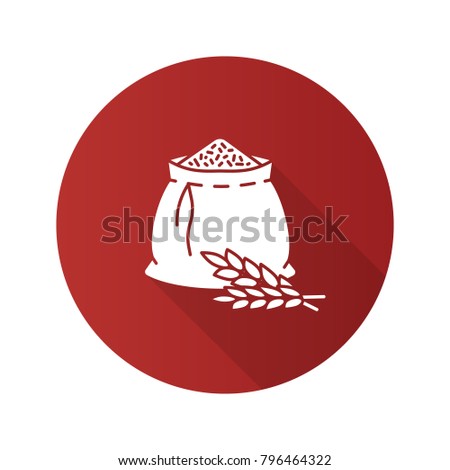 Wheat ears and flour bag flat design long shadow glyph icon. Spikes of rye. Agriculture. Raster silhouette illustration