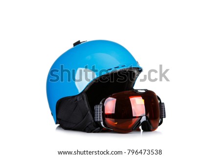 Blue Ski helmet and ski goggles isolated on white background.