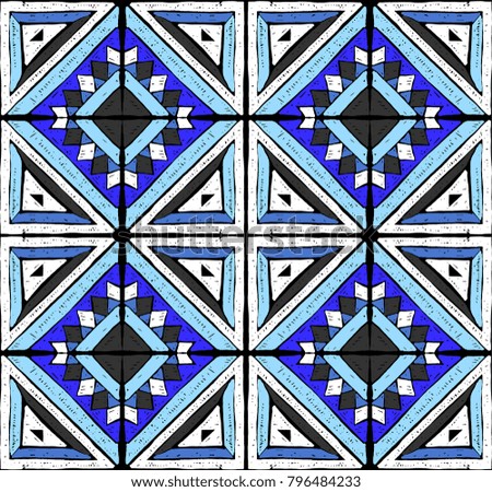 Antique tiles. Tribal vector ornament. Seamless African folk square pattern. Geometric mosaic, majolica. Ethnic carpet. Aztec style. Vintage patchwork fabric. Ancient interior. Geo print on textile. 