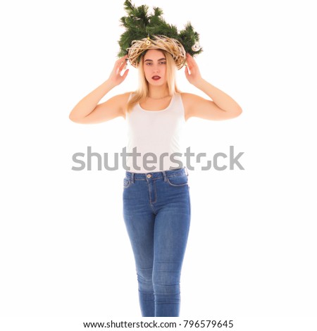 Christmas tree hat, beautiful girl, isolated