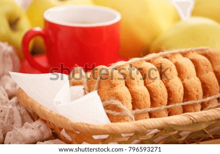 Morning breakfast with coffee, apples, cookies and meringues