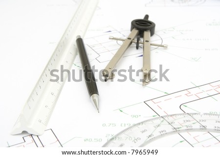 drawing tools with a technical print background