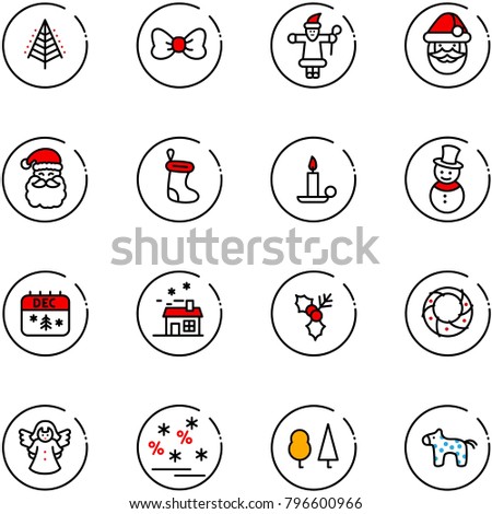 line vector icon set - christmas tree vector, bow, santa claus, sock, candle, snowman, calendar, house, holly, wreath, angel, sale, forest, toy horse