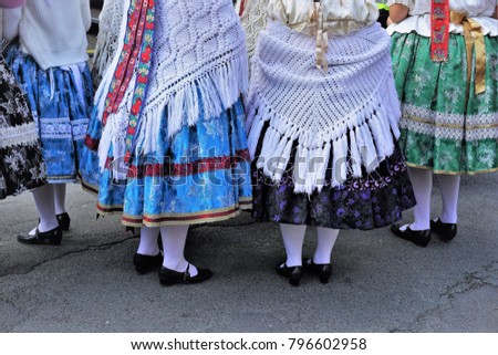 Culture of Hungary. Traditional Folklore Costume of Tamási. Folk dancing girls in traditional dresses. Colorful And Close Up Background. Royalty-Free Stock Photo #796602958
