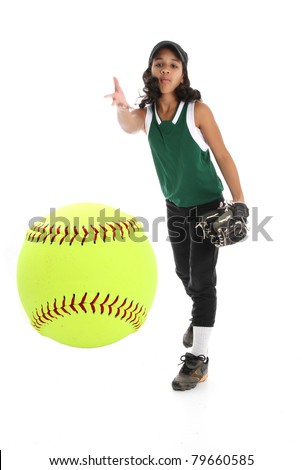 Playing the game of softball with a white background
