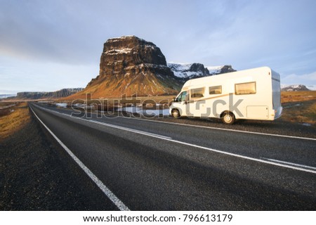 a road in Iceland with motorhome Royalty-Free Stock Photo #796613179