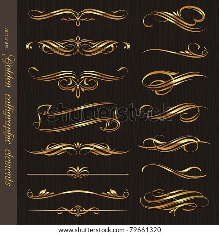 Golden calligraphic vector design elements on a black wood texture background