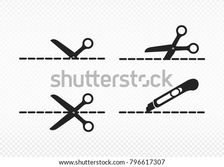 Set of scissors and stationery knife with cut lines. Scissors with cut lines, coupon cutting icon. Scissor cutting icon vector illustration. Isolated on transparent background