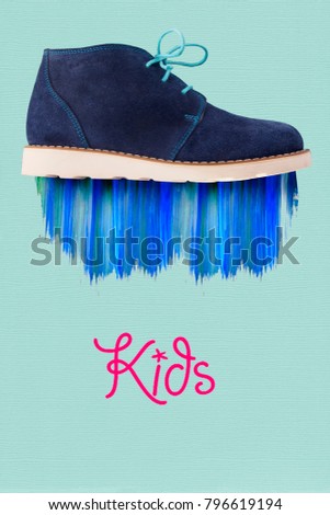 
Template for advertising children's, kids shoes.
Blue child's shoe, on a blue background with the inscription Kids and brush stroke