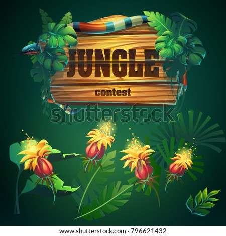 Vector cartoon different elements. Bright thicket with banner. For design game, websites and mobile phones, printing.