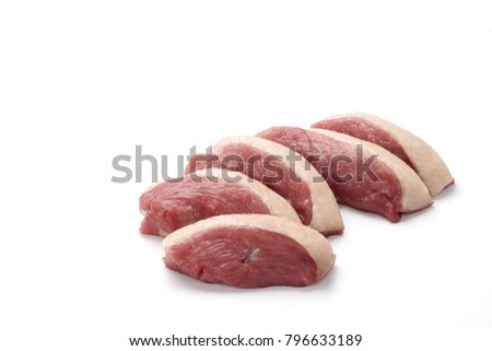 Raw duck breast pieces with skin isolated on white background