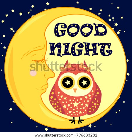 Good night card with sleeping moon and cute owl. Vector illustration
