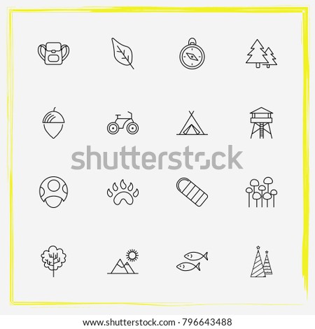 Camping line icon set mountains, tree and backpack