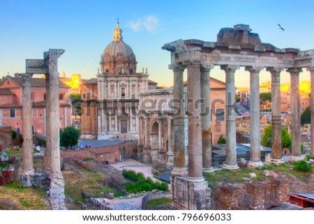 The Roman Forum with Ulpia church and Massenzio's arch.
