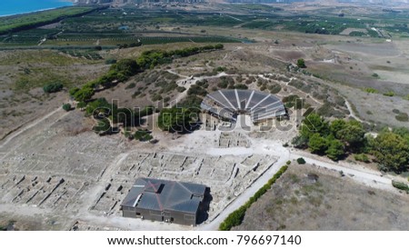 Aerial bird view photo of theater ancient greek ruins and work building at Heraclea Minoa was an ancient Greek city situated on the southern coast of Italy Sicily at the mouth of the river Halycus