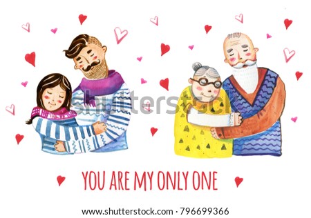 Hand drawn watercolor illustration of two couples cuddling - old and young