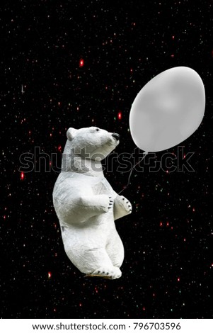 A fabulous white bear among the stars holds in the paws an air balloon, on which there can be text.