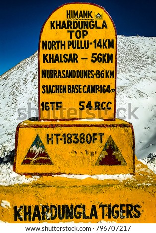 HIMANK milestone stating the altitude of Khardung La top, Ladakh, Jammu and Kashmir, India, Asia.