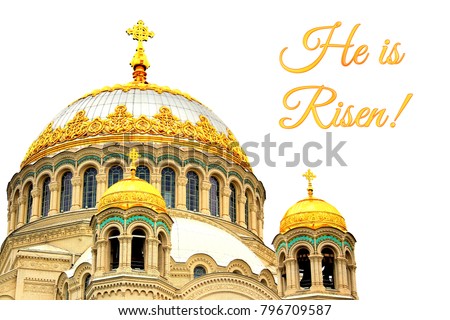 Holiday card for Easter with domes of Naval Cathedral of Saint Nicholas the Wonderworker in Kronstadt, Russia. Easter greeting card. Isolated on white
