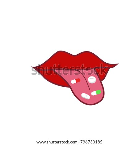 Illustration of the medicine, tablet, pill on tongue. Pharmaceutical, health vector icon. Medical concept clip art.
