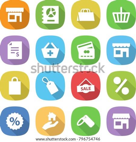 flat vector icon set - shop vector, annual report, shopping bag, basket, account balance, add to, credit card, label, sale, percent, real estate
