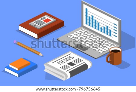 Isometric 3D illustration books, notebook, newspaper and phone