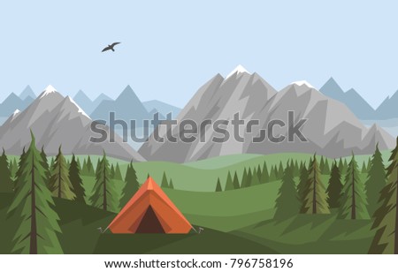 Vector flat landscape with summer mountains, green forest and hills and orange tent - camping, traveling, adventures concept