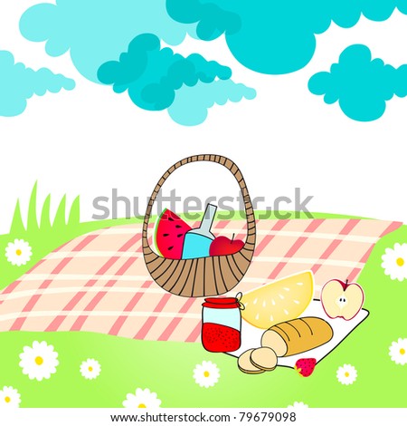Illustration of hand drawn style, cute summer picnic basket on meadow