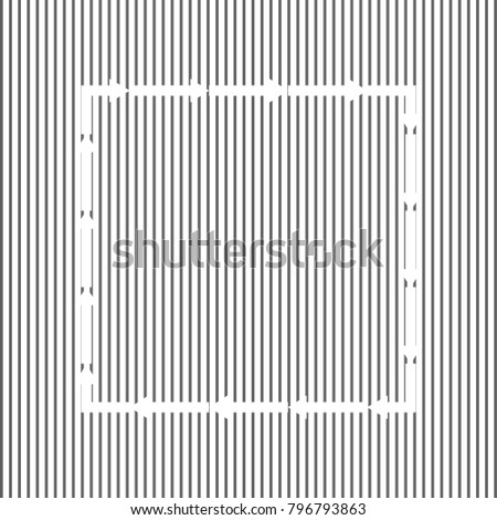 Arrow on a square shape. Vector. White icon on grayish striped background. Optical illusion.