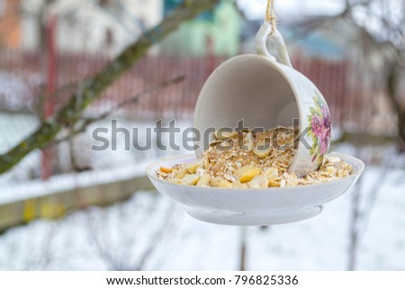 Teacup bird feeder made from a vintage cup and saucer glued together. Teacup bird feeder hanging on a tree. Royalty-Free Stock Photo #796825336