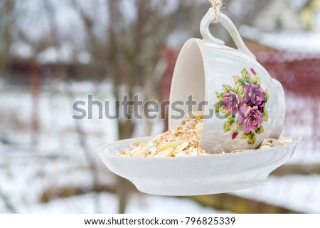 Teacup bird feeder made from a vintage cup and saucer glued together. Teacup bird feeder hanging on a tree. Royalty-Free Stock Photo #796825339