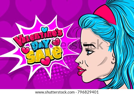 Blue hair woman pop art wow profile face. Pinup girl say message Valentines Day advertisement speech bubble comic text balloon. Love kitsch fashion background. Vector heart illustration lady poster.