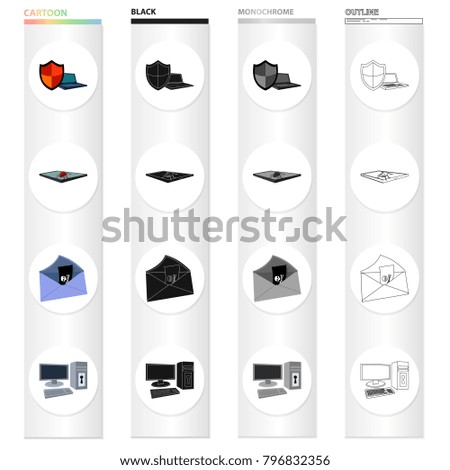 Shield for computer, virus and tablet, hacking of mail, computer equipment on the lock. Hacker and hacking set collection icons in cartoon black monochrome outline style vector symbol stock