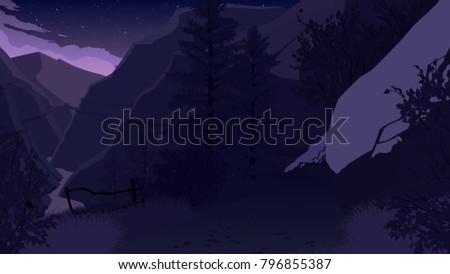mountain forest landscape flat color illustration in the morning