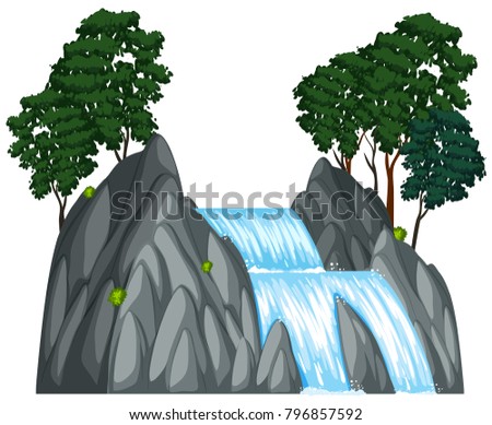 Waterfall with two trees on the rock illustration