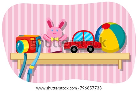 Camera and other toys on wooden shelf illustration
