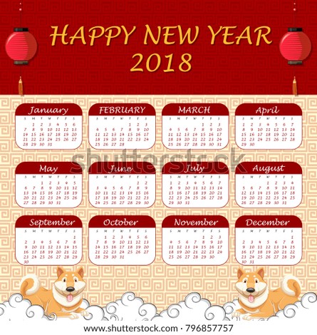 2018 calendar template with chinese theme illustration